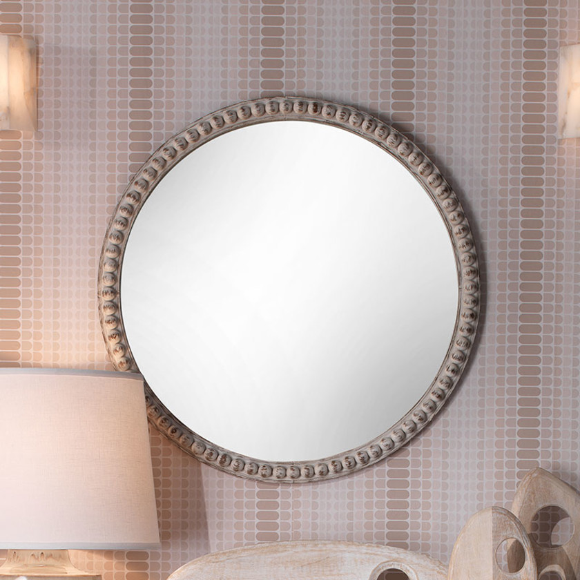 Wood Beaded Mirror - White, Round,White