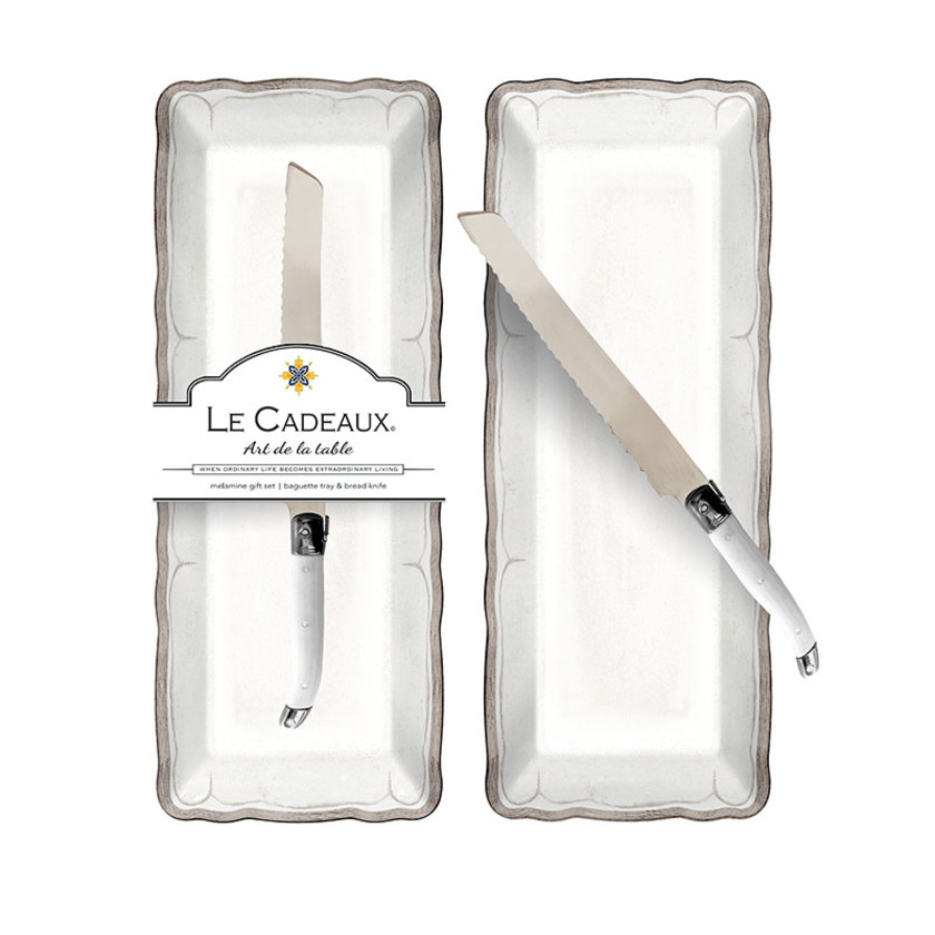 Rustica Antique White Melamine Baguette Tray with Laguiole Bread Knife - White,White