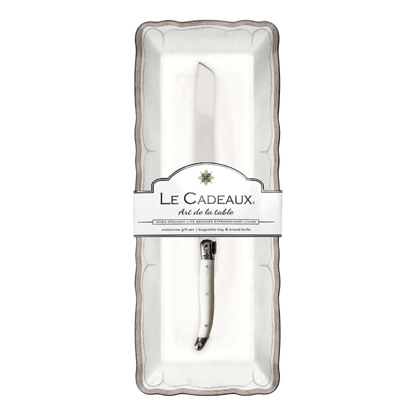 Rustica Antique White Melamine Serving Tray with Laguiole Bread Knife