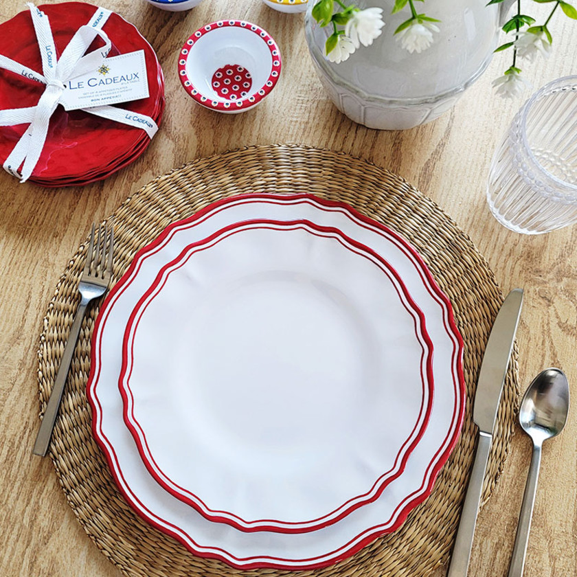Maison Melamine Salad Plates, Set of 4, White/Red,White/Red