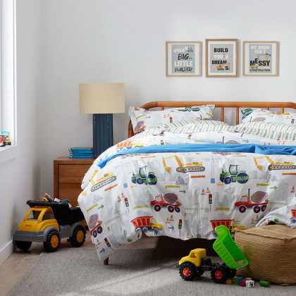 Construction Trucks Classic Cool Organic Cotton Percale Duvet Cover Set - White , Twin/Twin XL