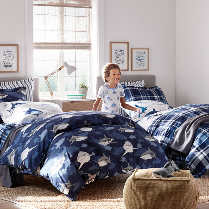 Sharks Classic Cool Organic Cotton Percale Duvet Cover Set - Navy Multi, Twin/Twin XL
