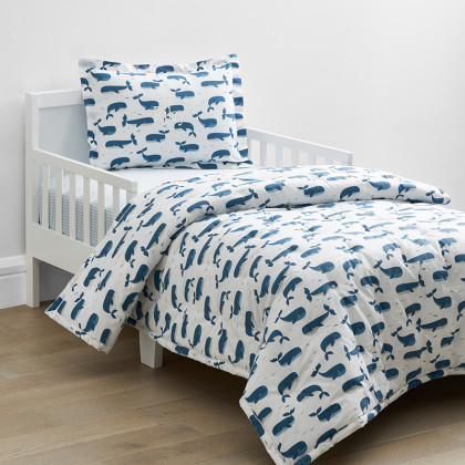 Whale School Classic Cool Organic Cotton Percale Toddler Comforter Set