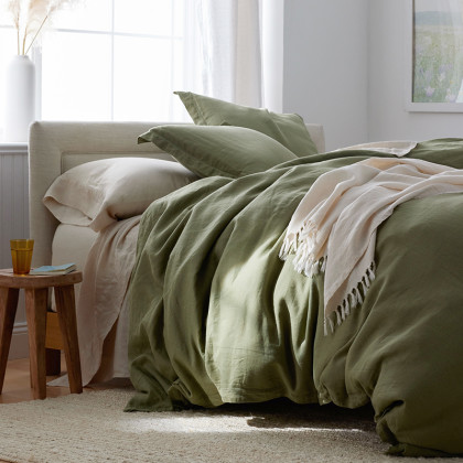 Premium Breathable Relaxed Linen Solid Duvet Cover - Moss Green, Twin