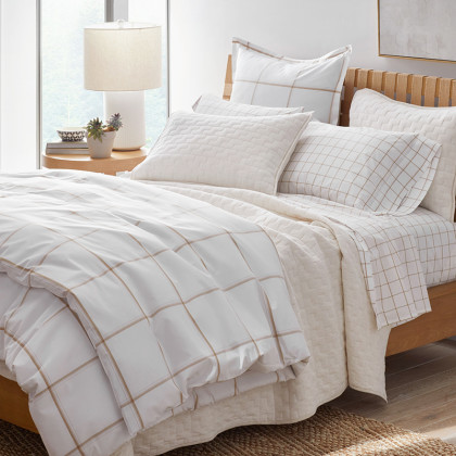Window Pane Plaid Classic Cool Cotton Percale Bed Duvet Cover - Wheat, Full