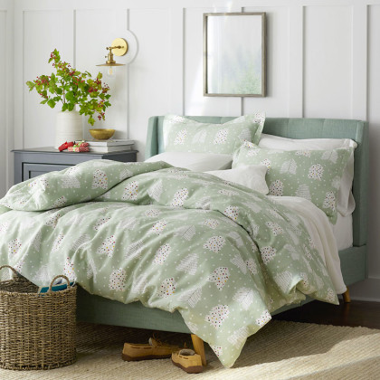 Snow Trees Premium Ultra-Cozy Cotton Flannel Bed Sheet Set - Green, Queen