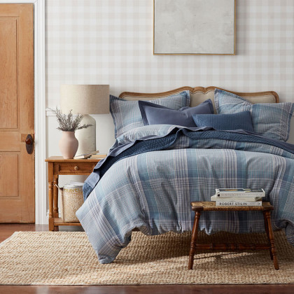 Mini Check Plaid Premium Ultra-Cozy Cotton Flannel Bed Sheet Set - Blue, Twin XL
