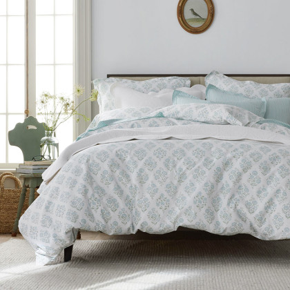 Mariel Flower, Bouquet, and Stripe Classic Cool Cotton Percale Pillowcases - Bouquet Sea Blue, Standard