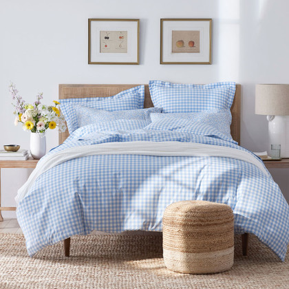Gingham Classic Cool Yarn-Dyed Percale Bed Sheet Set - Light Blue, Queen