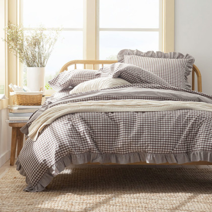 Gingham Classic Cool Melange Cotton Percale Bed Sheet Set - Brown, Full