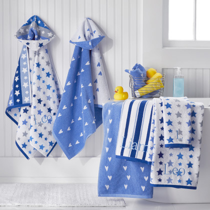 Star Cotton Washcloths, Set of 2 - Blue Hearts