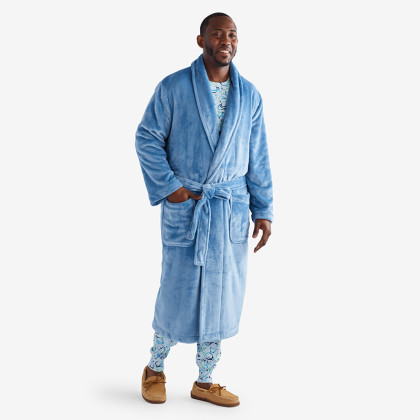 Men's short navy blue faux shearling robe, Men's pyjamas