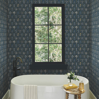 Hawthorne Traditional Wallpaper - Navy & Gold, Swatch
