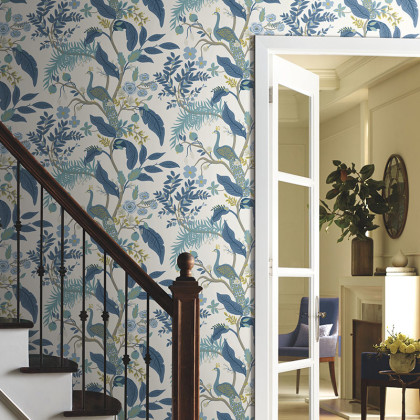 Peacock Traditional Wallpaper - Blue & White, Swatch