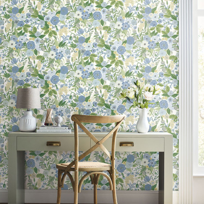 Multi Garden Party Removable Wallpaper - Blue & Green, Swatch