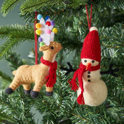 Holiday Felt Ornaments, Set of 2 - Snowman/Reindeer