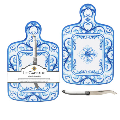 Mallorca Melamine Cheese Board with Laguiole Cheese Knife - Blue/White