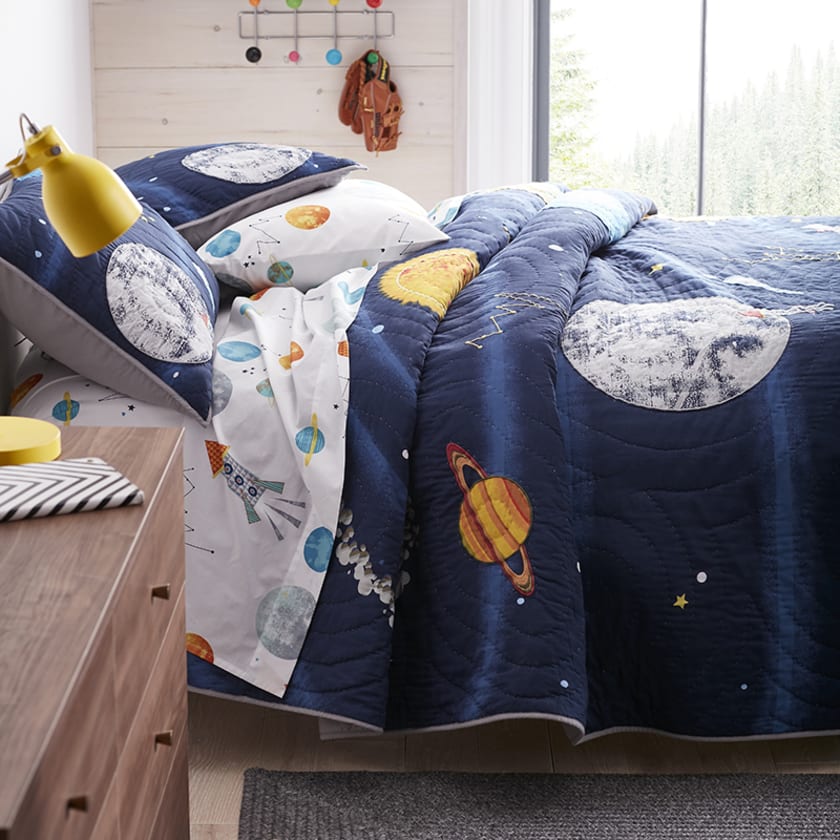 Space Travel Handcrafted Cotton Quilt - Blue, Twin