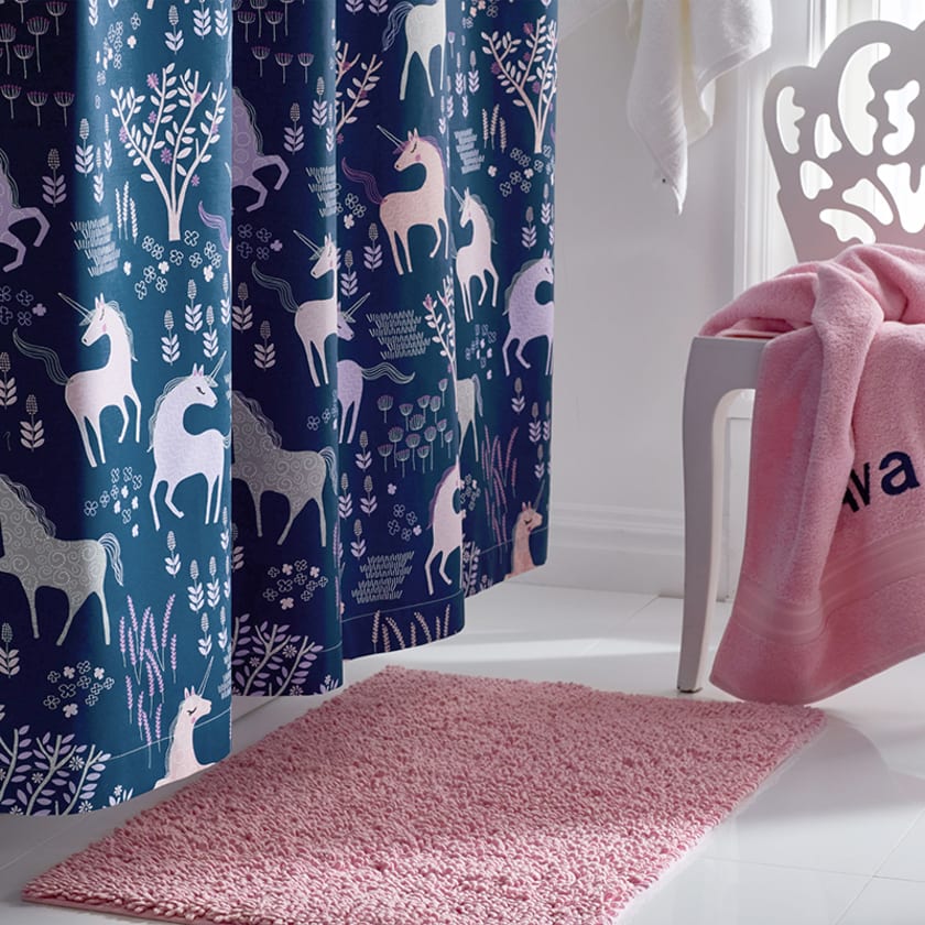 Unicorn Forest Organic Percale Shower Curtain - Navy