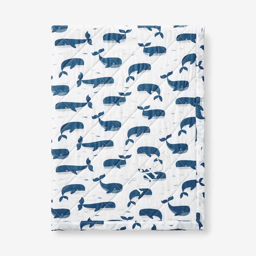 Whale School Classic Cool Organic Cotton Percale Quilted Reversible Sherpa Stroller Blanket