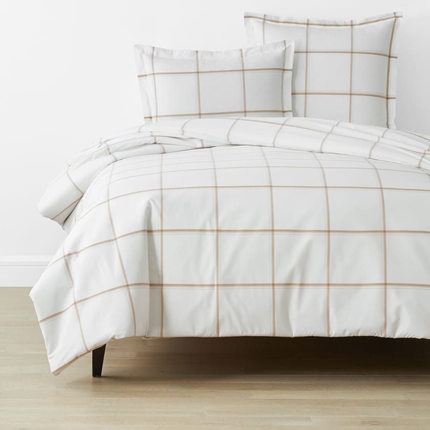 Window Pane Plaid Classic Cool Cotton Percale Bed Duvet Cover  - Wheat, Twin