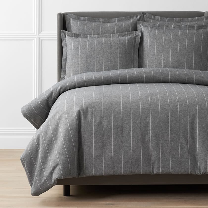 Bromley Stripes Premium Ultra-Cozy Cotton Flannel Duvet Cover - Smoke, King/Cal King