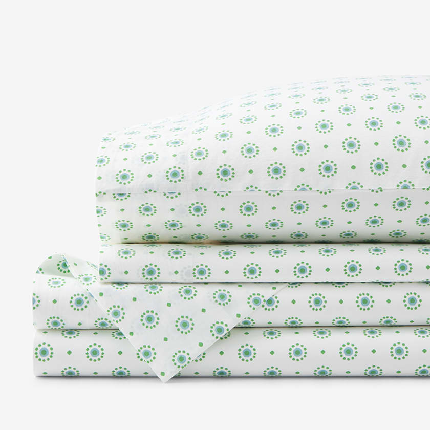 Myla Dots Classic Cool Organic Cotton Percale Bed Sheet Set  - Green Multi, King