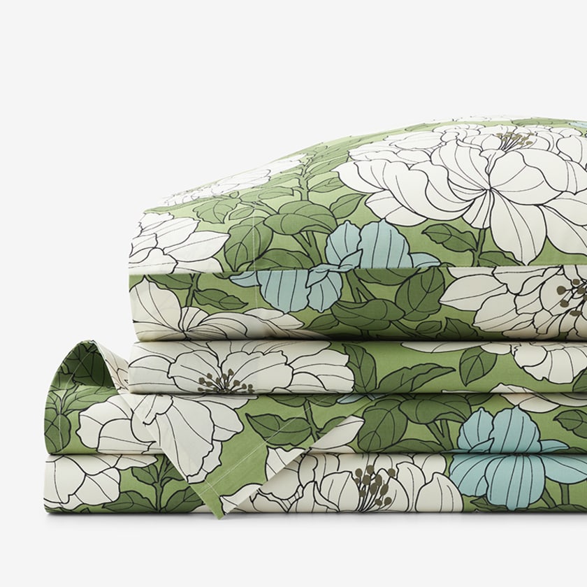 Remi Floral Classic Cool Cotton Percale Bed Sheet Set  - Green, Twin
