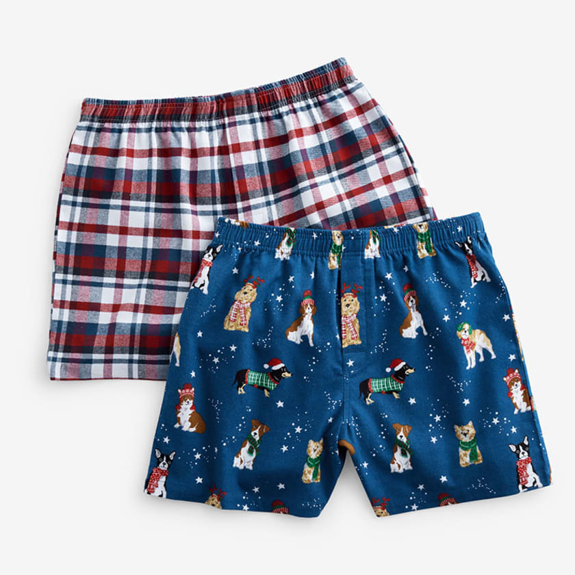 Family Flannel Mens Boxer Shorts, Set of 2 - Holiday Pups/Winter Plaid, S