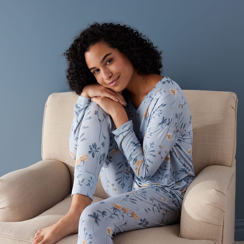 TENCEL™ Modal Jersey Knit Long-Sleeve Jogger PJ Pants Set - Wildflower Botanical Blue, L