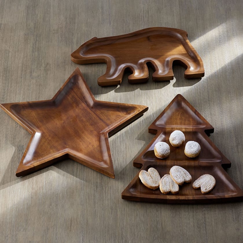 Holiday Carved Wood Platter - Brown