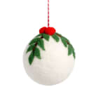 Holly Top Wool Ball Ornament - White