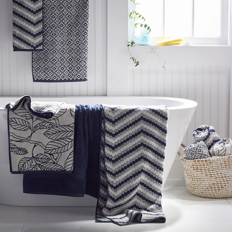 Navy and Cream Jacquard Bath and Hand Towels