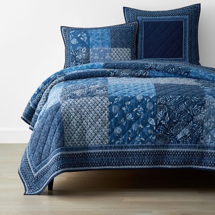 Indigo Floral Handcrafted Patchwork Quilt - Blue