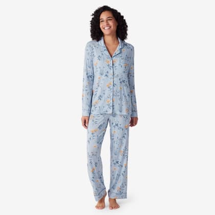TENCEL™ Modal Jersey Knit Long-Sleeve Button-Down PJ Pants Set - Wildflower Botanical Blue