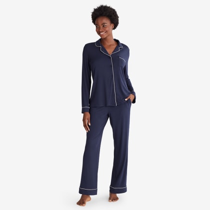 TENCEL™ Modal Jersey Knit Long-Sleeve Button-Down PJ Pants Set  - Navy