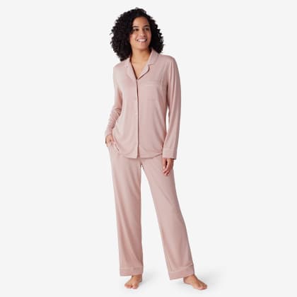 TENCEL™ Modal Jersey Knit Long-Sleeve Button-Down PJ Pants Set - Rose