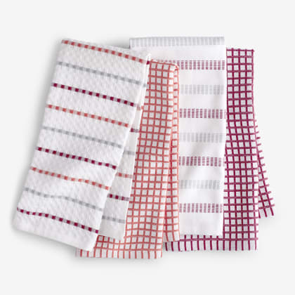Check And Stripe Kitchen Towels, Set Of 4 - Wine