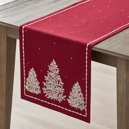 Legends Luxury™ Holiday Table Runner - Evergreen Trees Red