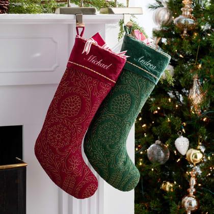 Embroidered Cotton Stocking with Velvet Cuffs