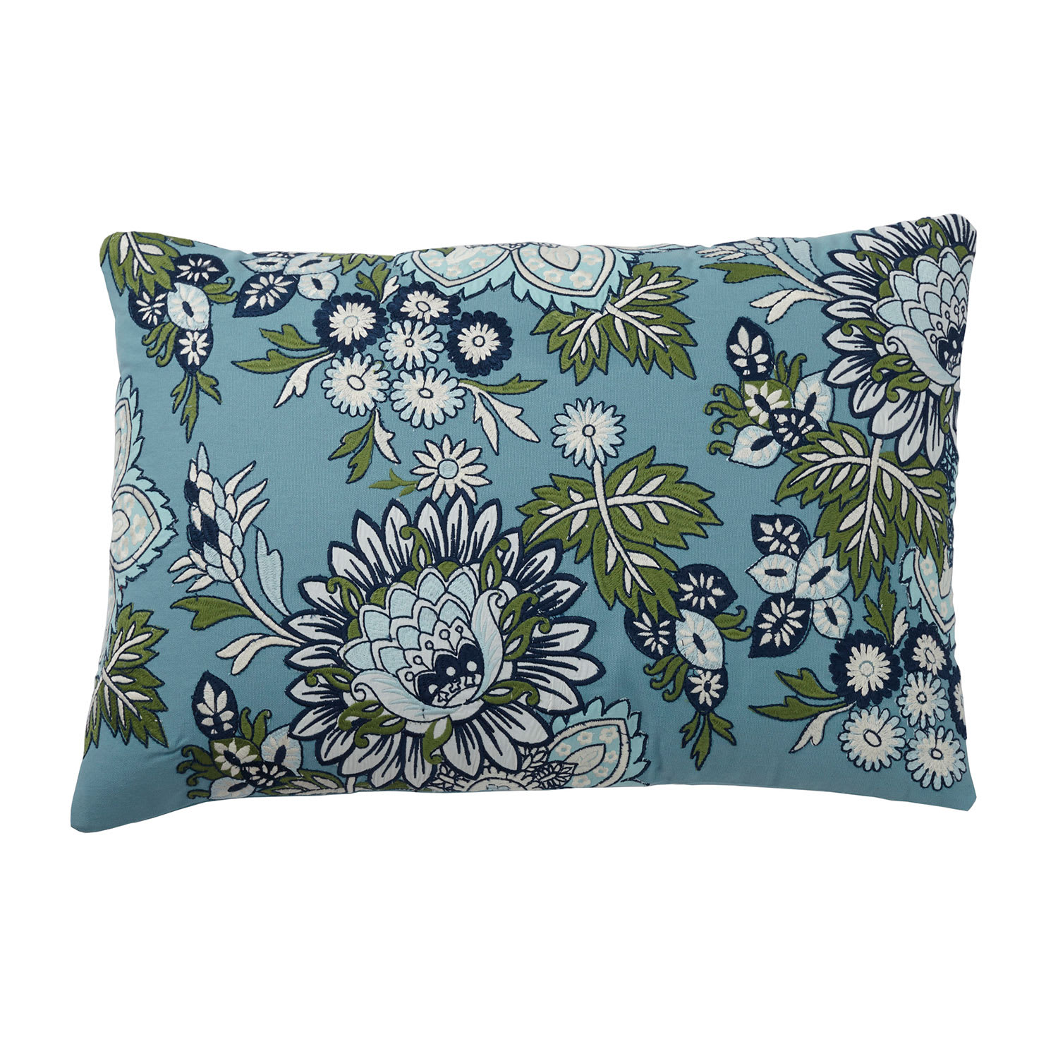 Blue Floral Embroidered Pillow Cover - Floral