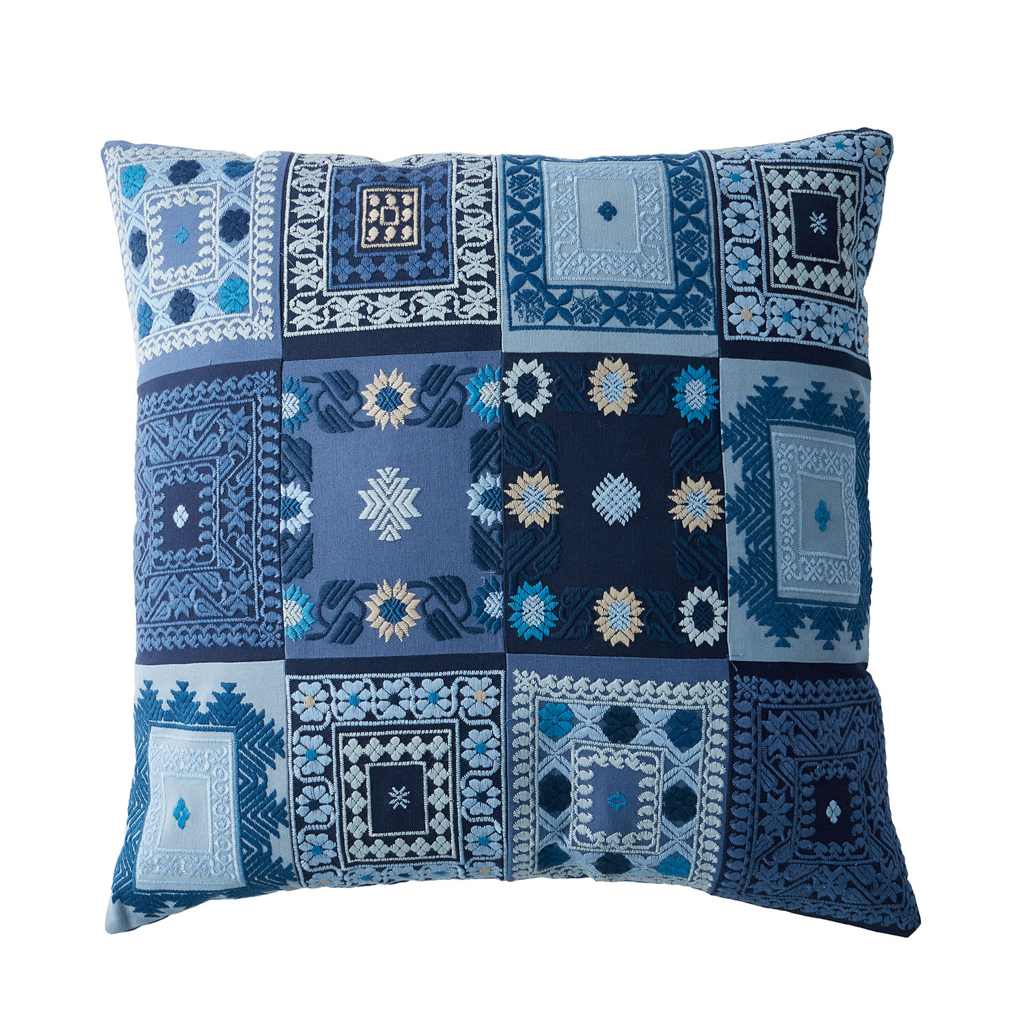 Blue Multicolored Floral Geo Embroidered Pillow Cover - Floral/Geo