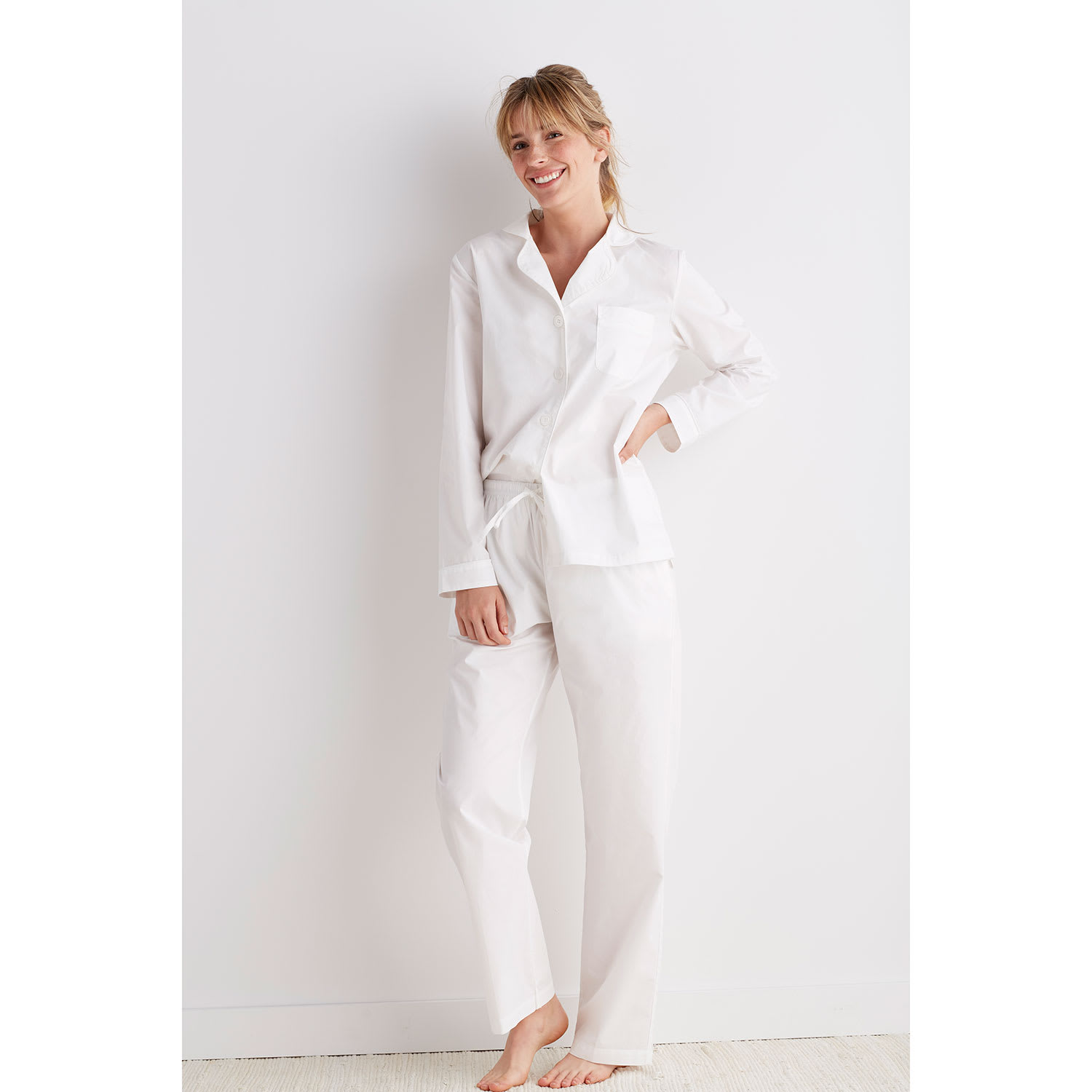 Solid Poplin Sleepwear Pajama Set - White