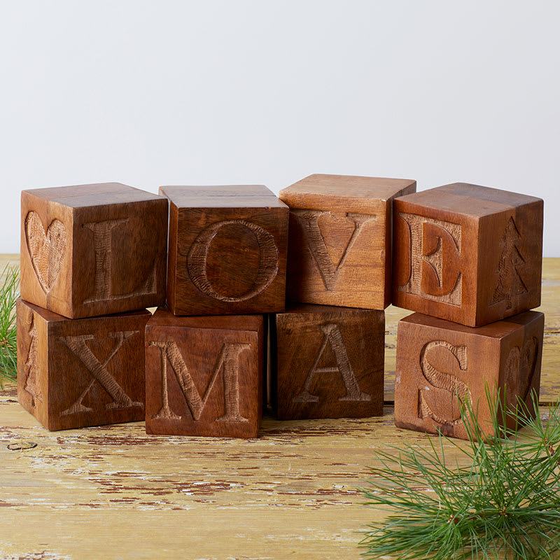 Xmas and Love Reversible Carved Wood Blocks - Caramel