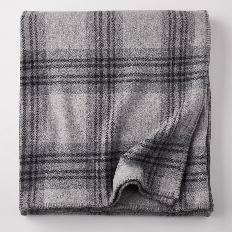 Ledge Plaid Merino Wool Blanket Fog