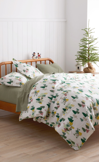festive flannel sheets on bed