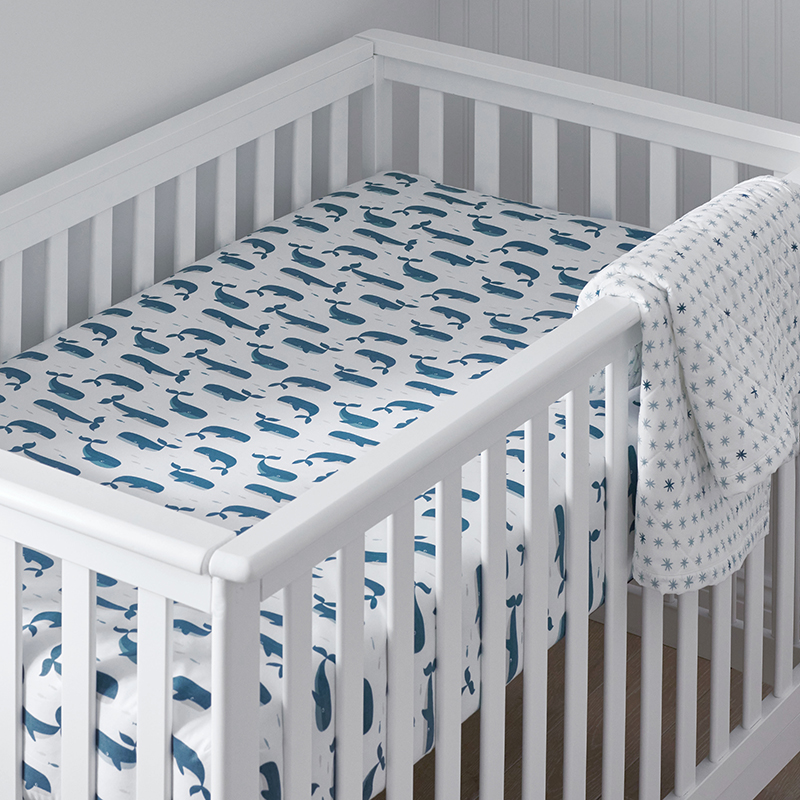Whale School Classic Cool Organic Cotton Percale Fitted Crib Sheet - Blue