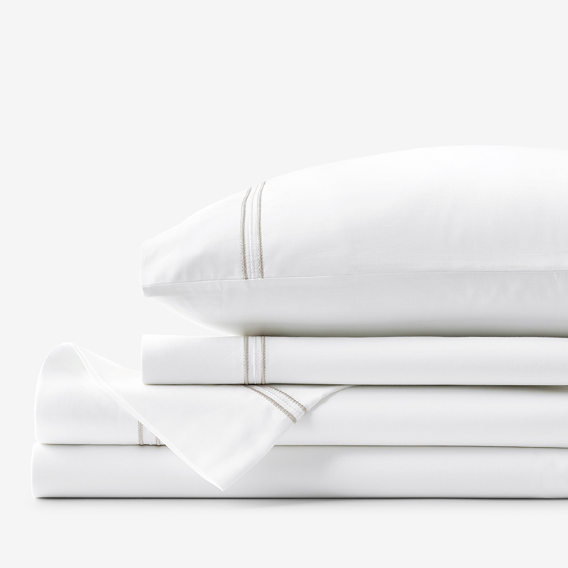 The Company Store Dorset Stripe Luxe Smooth Egyptian Cotton Sateen Bed Sheet Set In Beige/white