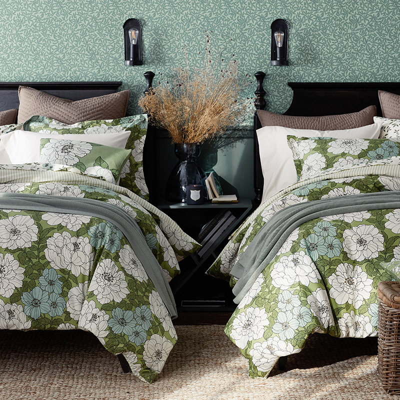 Remi Floral Classic Cool Cotton Percale Bed Duvet Cover  - Green, Twin