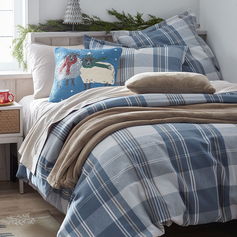 Oversized Plaid Premium Ultra-Cozy Cotton Flannel Bed Sheet Set - Blue/ White, Size Twin XL | The Company Store